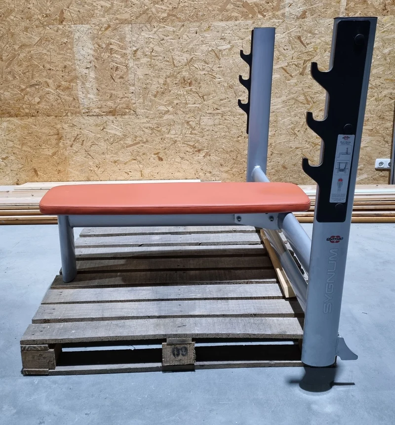 Gym80 Basic Drückbank 4097, Olympia Flachdrückerbank Rahmebfarbe Silber, Polsterfarbe Orange, gebraucht - überholter Zustand