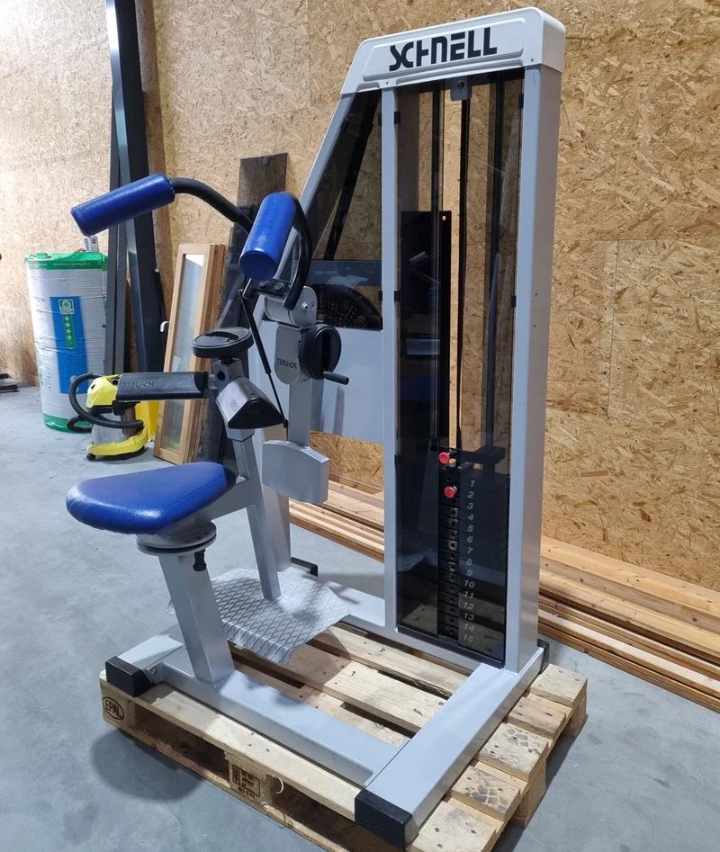 Schnell Seitneige-Maschine, Lateral Flexion, Lat Flex, Rahmenfarbe Silber, Polsterfarbe Blau, gebraucht - überholter Zustand