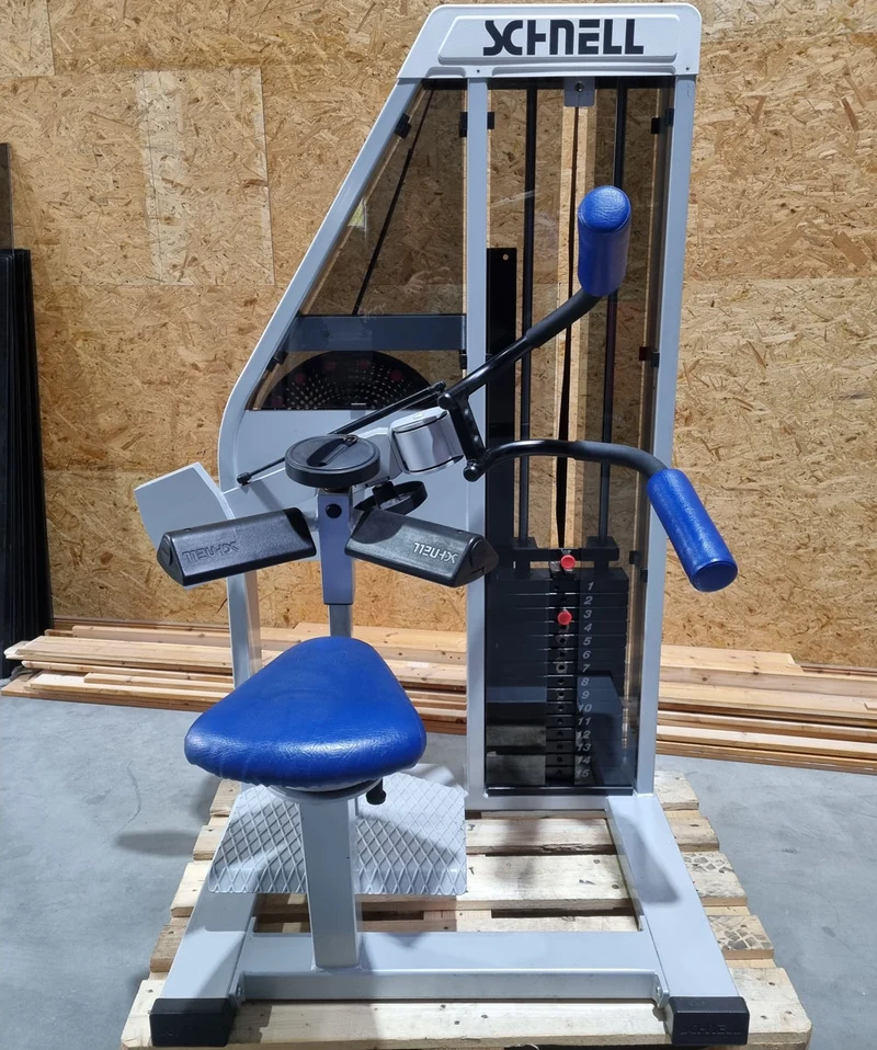 Schnell Seitneige-Maschine, Lateral Flexion, Lat Flex, Rahmenfarbe Silber, Polsterfarbe Blau, gebraucht - überholter Zustand
