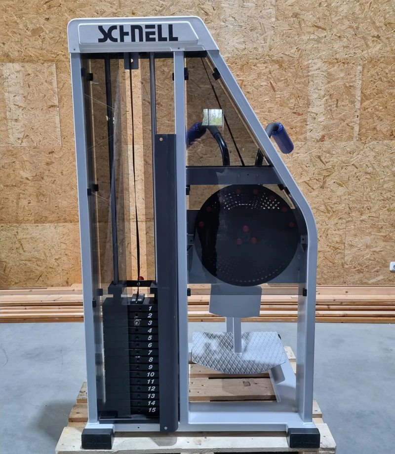 Schnell Seitneige-Maschine, Lateral Flexion, Lat Flex, Rahmenfarbe Silber, Polsterfarbe Blau, gebraucht - überholter Zustand