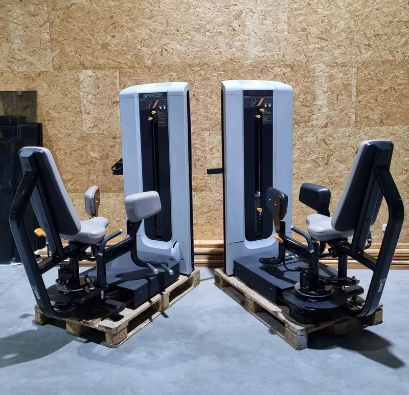 Precor Adduktoren und Abduktoren Kraftgeräte mit Steckgewichten im Set als Paar, Rahmenfarbe Schwarz, Polsterfarbe Grau, gebraucht - überholter Zustand