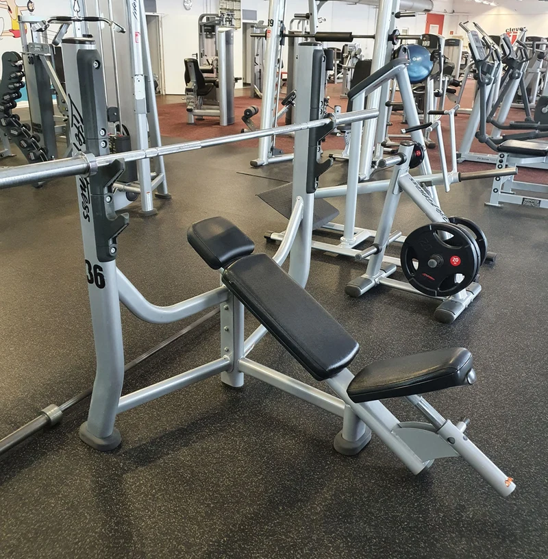 Life Fitness Schrägdrückerbank, Olympic Incline Bench SOIB, Signature Serie, Rahmenfarbe Silber, Polsterfarbe Schwarz, gebrauchter - überholter Zustand