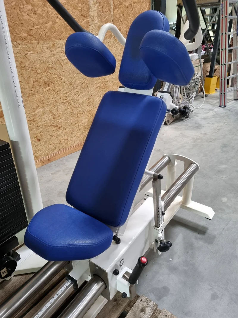 Kaphingst Funktionsstemme, verstellbare Beinpresse, mit Kippkreisel, MPG, Rahmenfarbe Weiß, Polsterfarbe Blau, gebraucht - überholter Zustand