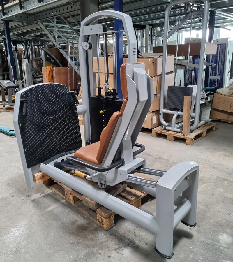 Jimsa Beinpresse sitzend, Leg Press, 220kg, Rahmenfarbe Silber, Polsterfarbe Braun, gebraucht - überholter Zustand