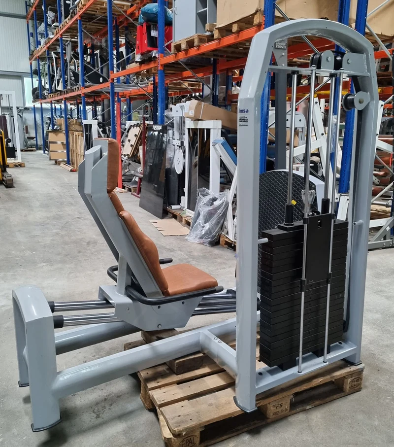 Jimsa Beinpresse sitzend, Leg Press, 220kg, Rahmenfarbe Silber, Polsterfarbe Braun, gebraucht - überholter Zustand