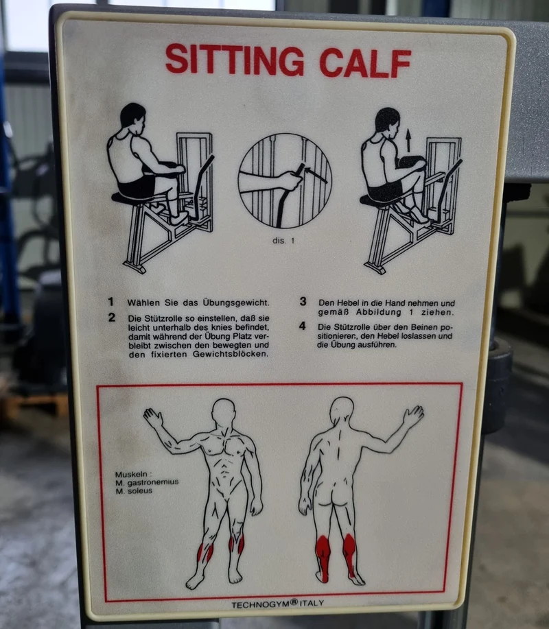 Technogym Seated Calf Sitting Wadenmaschine sitzend, Sitting Calf, Silverline, Oldschool, Rahmenfarbe Silber, gebraucht mit Gebrauchsspuren