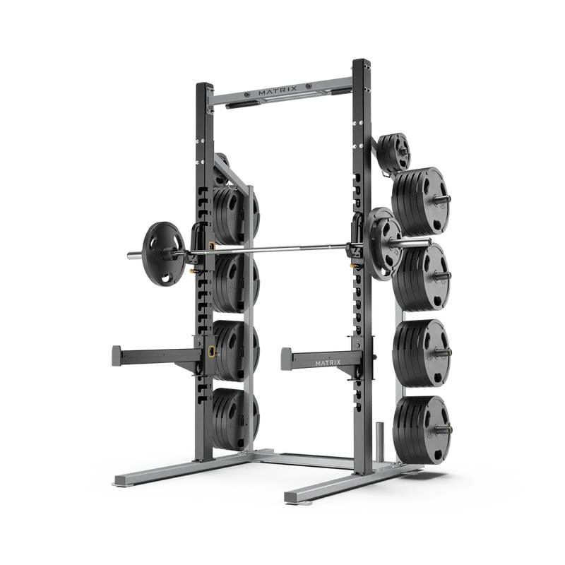 Matrix Magnum Half Rack MG-A690 mit J-Hooks und Klimmzugstange, Rahmenfarbe Silber und Schwarz, gebraucht - geprüfter Zustand