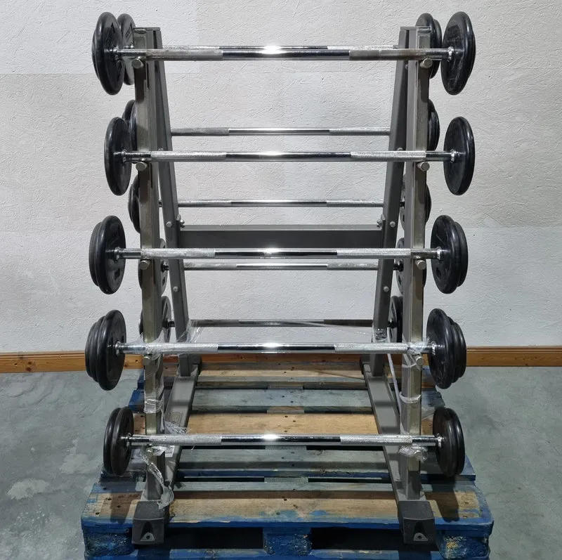 Langhantel Kompakt Set 12,5kg bis 35kg in 2,5kg Schritten, 10 Stück gesamt, ähnlich SZ Langhanteln, inkl. Ständer von Gymleco, Ständerfarbe Silber, gebraucht