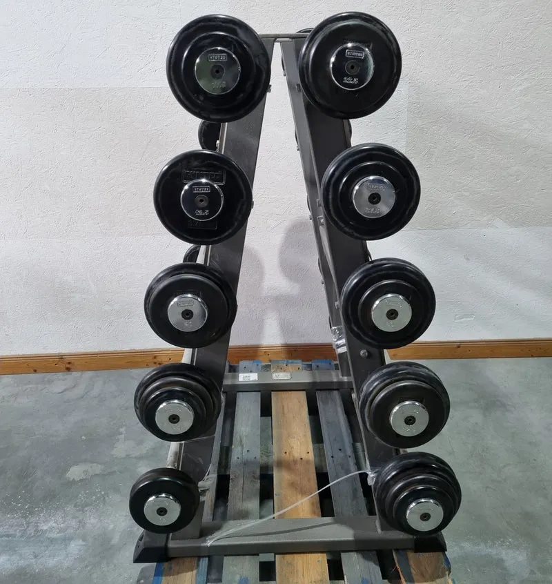 Langhantel Kompakt Set 12,5kg bis 35kg in 2,5kg Schritten, 10 Stück gesamt, ähnlich SZ Langhanteln, inkl. Ständer von Gymleco, Ständerfarbe Silber, gebraucht