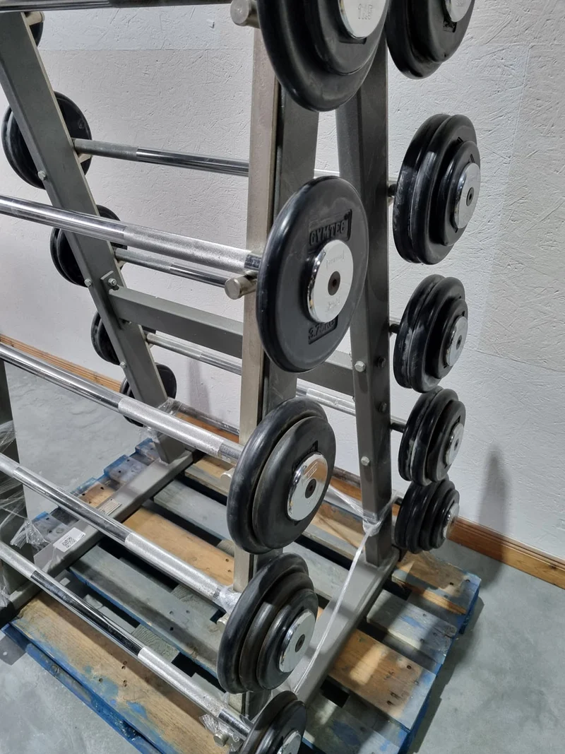 Langhantel Kompakt Set 12,5kg bis 35kg in 2,5kg Schritten, 10 Stück gesamt, ähnlich SZ Langhanteln, inkl. Ständer von Gymleco, Ständerfarbe Silber, gebraucht