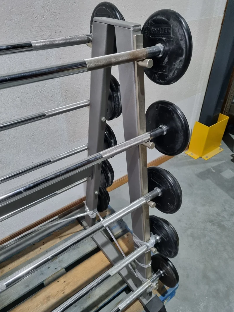 Langhantel Kompakt Set 12,5kg bis 35kg in 2,5kg Schritten, 10 Stück gesamt, ähnlich SZ Langhanteln, inkl. Ständer von Gymleco, Ständerfarbe Silber, gebraucht