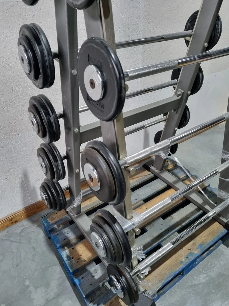 Langhantel Kompakt Set 12,5kg bis 35kg in 2,5kg Schritten, 10 Stück gesamt, ähnlich SZ Langhanteln, inkl. Ständer von Gymleco, Ständerfarbe Silber, gebraucht
