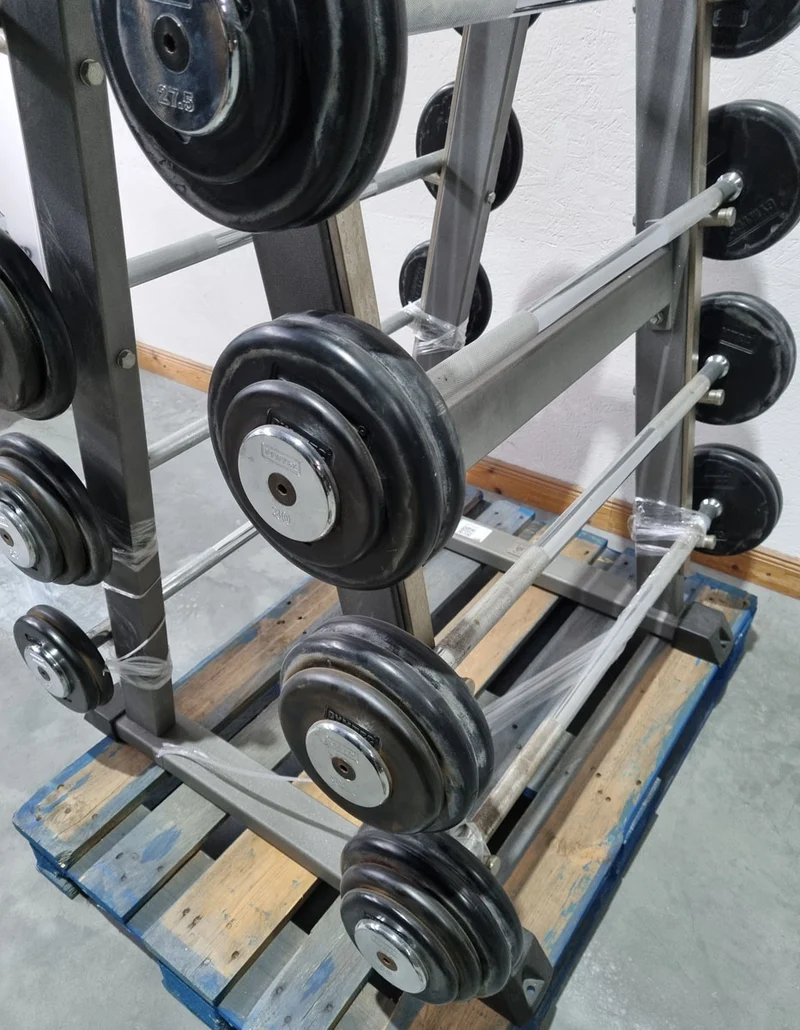 Langhantel Kompakt Set 12,5kg bis 35kg in 2,5kg Schritten, 10 Stück gesamt, ähnlich SZ Langhanteln, inkl. Ständer von Gymleco, Ständerfarbe Silber, gebraucht