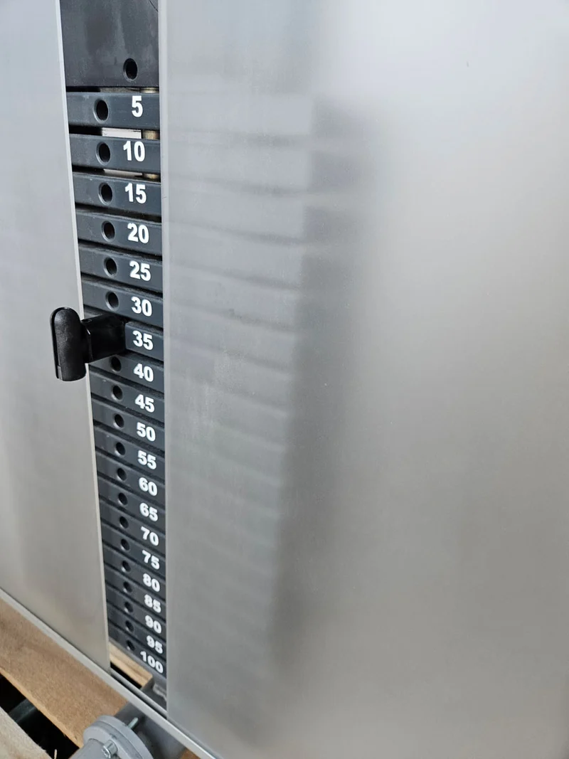 Proxowell bzw Proxomed Rückenflexion, Bauchmaschine, Rückenbeuger, Abdominal Crunch, 100kg Gewichtsblock, Compass bzw C-Well Serie, Rahmenfarbe Silber, gebraucht - überholter Zustand