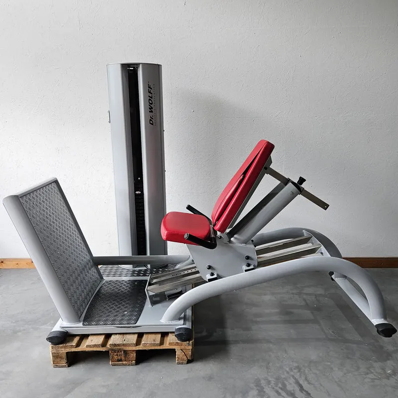 Dr. Wolff Beinpresse 806 Variante XS - extra platzsparend gebaut, ähnlich Funktionsstemme, Gerät aus Präventions-Park, Rahmenfarbe Silber, gebrauchter - überholter Zustand