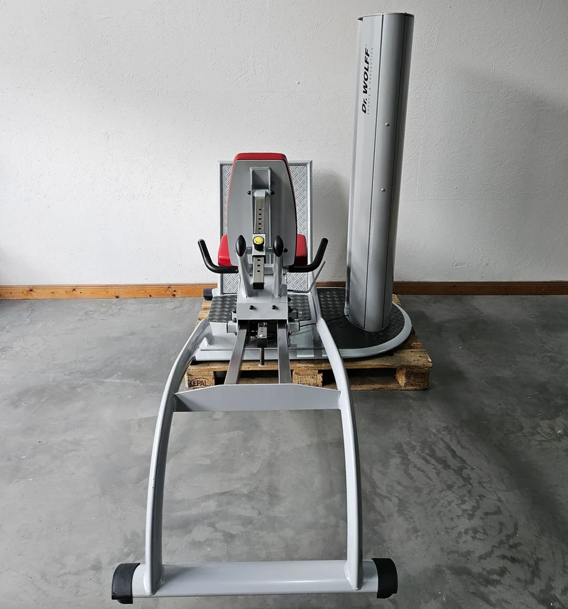 Dr. Wolff Beinpresse 806 Variante XS - extra platzsparend gebaut, ähnlich Funktionsstemme, Gerät aus Präventions-Park, Rahmenfarbe Silber, gebrauchter - überholter Zustand