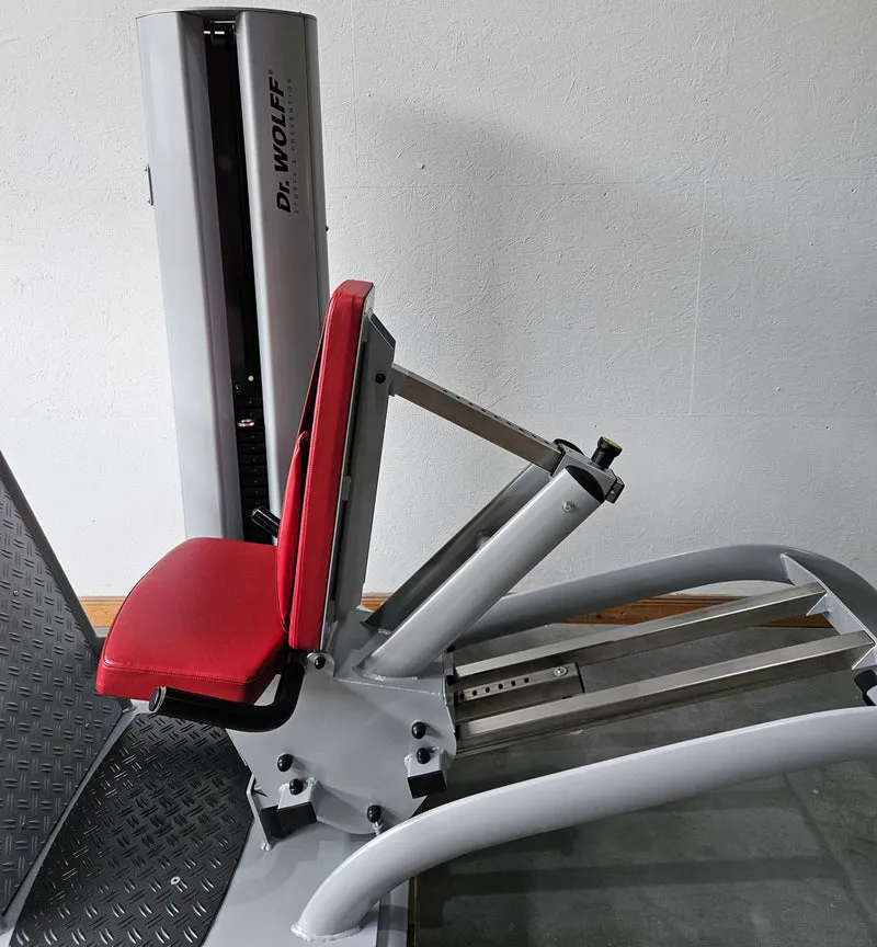 Dr. Wolff Beinpresse 806 Variante XS - extra platzsparend gebaut, ähnlich Funktionsstemme, Gerät aus Präventions-Park, Rahmenfarbe Silber, gebrauchter - überholter Zustand