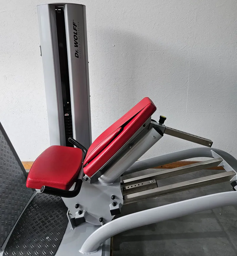 Dr. Wolff Beinpresse 806 Variante XS - extra platzsparend gebaut, ähnlich Funktionsstemme, Gerät aus Präventions-Park, Rahmenfarbe Silber, gebrauchter - überholter Zustand