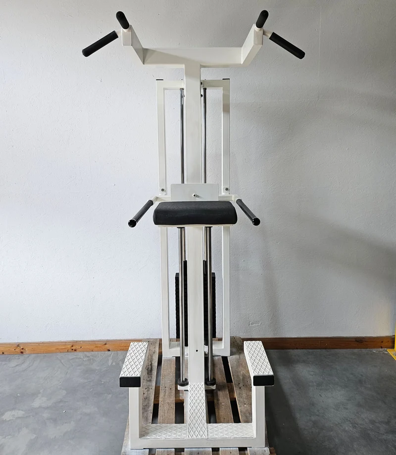 L+K Dip-Klimmzugmaschine mit Gewichtsunterstützung, Dip-Chin, Oldschool, Rahmen Weiß, gebraucht mit Gebrauchsspuren
