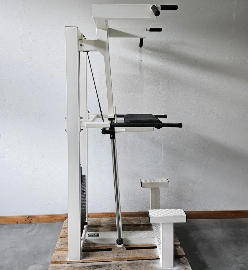 L+K Dip-Klimmzugmaschine mit Gewichtsunterstützung, Dip-Chin, Oldschool, Rahmen Weiß, gebraucht mit Gebrauchsspuren