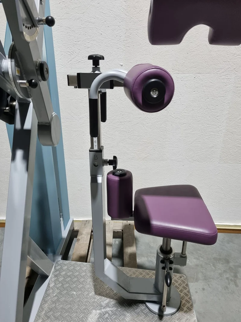 SVG HWS-Trainer, Hals und Nacken Trainingsmaschine, Halswirbelbsäule Kräftigung, Reha Line, Rahmenfarbe Silber, Polsterfarbe Lila, gebrauchter - überholter Zustand