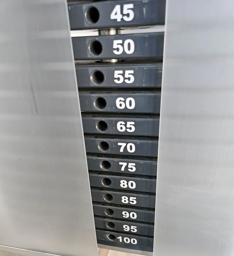 Proxowell bzw Proxomed Bankdrückmaschine, Brustpresse, Chestpress, 100kg Gewichtsblock, Compass bzw C-Well Serie, Rahmenfarbe Silber, gebraucht - überholter Zustand
