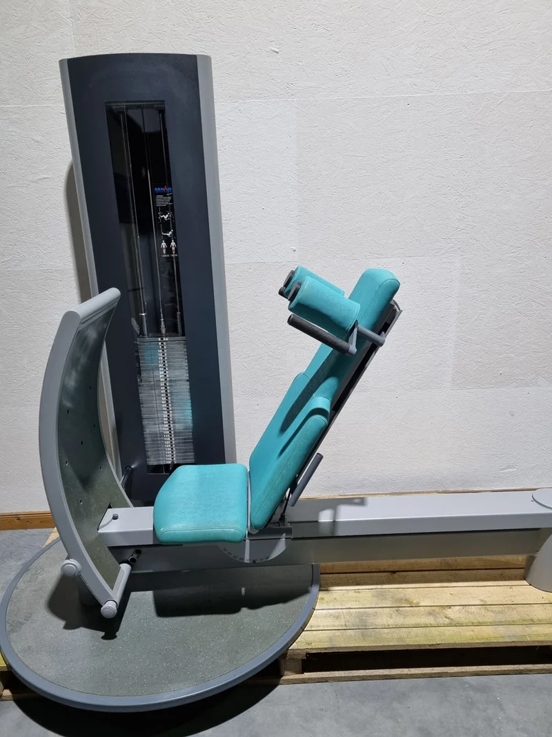Frei Genius Funktionsstemme - verstellbare Beinpresse, Rahmenfarbe Silber, Polsterfarbe Türkis, gebraucht - überholter Zustand