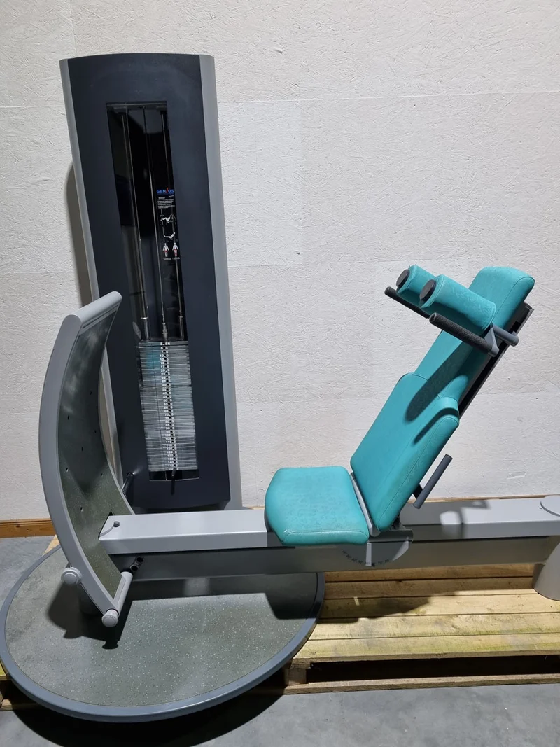 Frei Genius Funktionsstemme - verstellbare Beinpresse, Rahmenfarbe Silber, Polsterfarbe Türkis, gebraucht - überholter Zustand
