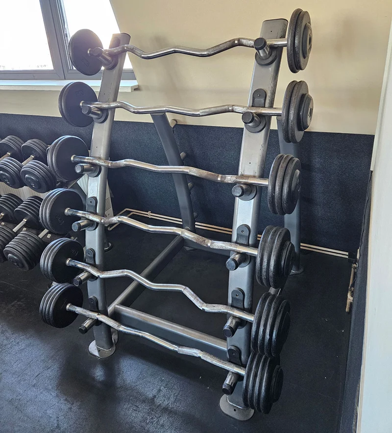 SZ Langhantel Kompakt Set 25kg bis 50kg in 5kg Schritten, 6 Stück gesamt, ähnlich Kurzhanteln mit SZ Stange, inkl. Ständer Elbesport, gebraucht mit Gebrauchsspuren