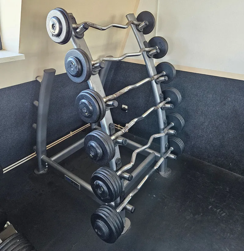 SZ Langhantel Kompakt Set 25kg bis 50kg in 5kg Schritten, 6 Stück gesamt, ähnlich Kurzhanteln mit SZ Stange, inkl. Ständer Elbesport, gebraucht mit Gebrauchsspuren