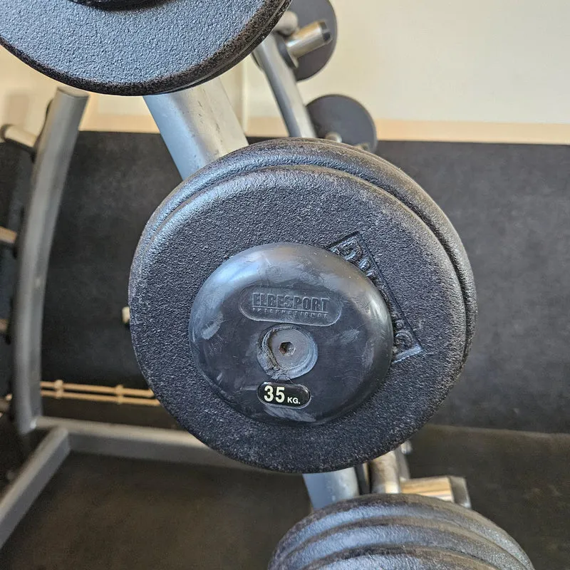 SZ Langhantel Kompakt Set 25kg bis 50kg in 5kg Schritten, 6 Stück gesamt, ähnlich Kurzhanteln mit SZ Stange, inkl. Ständer Elbesport, gebraucht mit Gebrauchsspuren