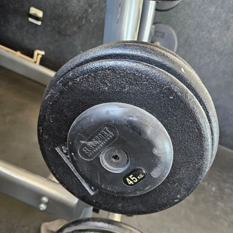 SZ Langhantel Kompakt Set 25kg bis 50kg in 5kg Schritten, 6 Stück gesamt, ähnlich Kurzhanteln mit SZ Stange, inkl. Ständer Elbesport, gebraucht mit Gebrauchsspuren