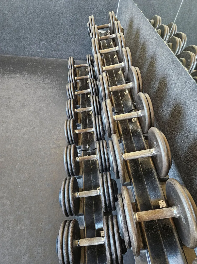 ElbeSport Kurzhantelsatz aus Guss von 2,5 bis 60kg in 2,5kg Stufen ( 24 Paare ) Oldschool, INKLUSIVE Kurzhantelablagen, gebraucht - mit Gebrauchsspuren