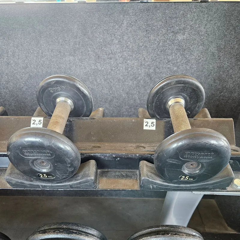 ElbeSport Kurzhantelsatz aus Guss von 2,5 bis 60kg in 2,5kg Stufen ( 24 Paare ) Oldschool, INKLUSIVE Kurzhantelablagen, gebraucht - mit Gebrauchsspuren