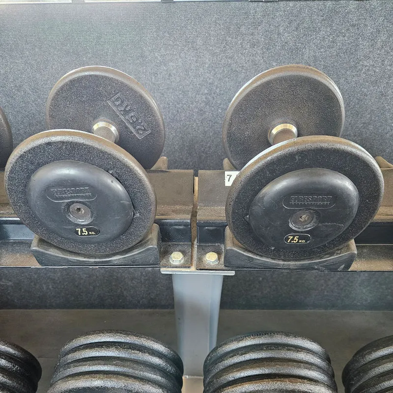 ElbeSport Kurzhantelsatz aus Guss von 2,5 bis 60kg in 2,5kg Stufen ( 24 Paare ) Oldschool, INKLUSIVE Kurzhantelablagen, gebraucht - mit Gebrauchsspuren