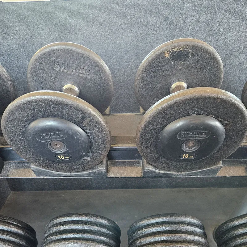ElbeSport Kurzhantelsatz aus Guss von 2,5 bis 60kg in 2,5kg Stufen ( 24 Paare ) Oldschool, INKLUSIVE Kurzhantelablagen, gebraucht - mit Gebrauchsspuren