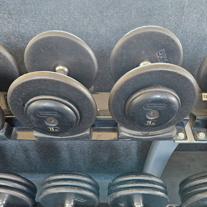 ElbeSport Kurzhantelsatz aus Guss von 2,5 bis 60kg in 2,5kg Stufen ( 24 Paare ) Oldschool, INKLUSIVE Kurzhantelablagen, gebraucht - mit Gebrauchsspuren