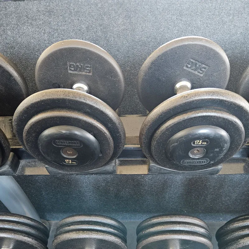 ElbeSport Kurzhantelsatz aus Guss von 2,5 bis 60kg in 2,5kg Stufen ( 24 Paare ) Oldschool, INKLUSIVE Kurzhantelablagen, gebraucht - mit Gebrauchsspuren