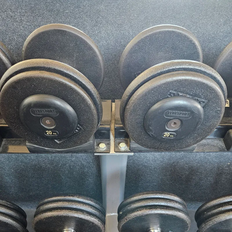 ElbeSport Kurzhantelsatz aus Guss von 2,5 bis 60kg in 2,5kg Stufen ( 24 Paare ) Oldschool, INKLUSIVE Kurzhantelablagen, gebraucht - mit Gebrauchsspuren