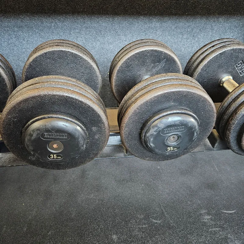 ElbeSport Kurzhantelsatz aus Guss von 2,5 bis 60kg in 2,5kg Stufen ( 24 Paare ) Oldschool, INKLUSIVE Kurzhantelablagen, gebraucht - mit Gebrauchsspuren