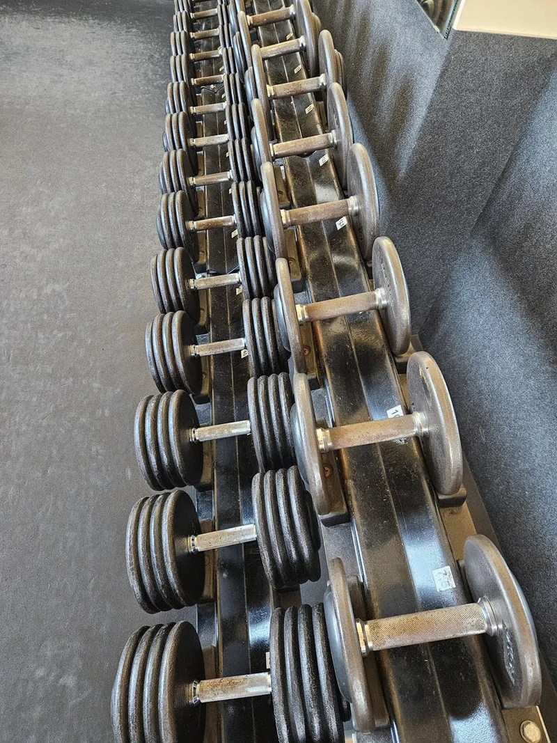 ElbeSport Kurzhantelsatz aus Guss von 2,5 bis 50kg in 2,5kg Stufen ( 20 Paare ) Oldschool, INKLUSIVE Kurzhantelablagen, gebraucht - mit Gebrauchsspuren