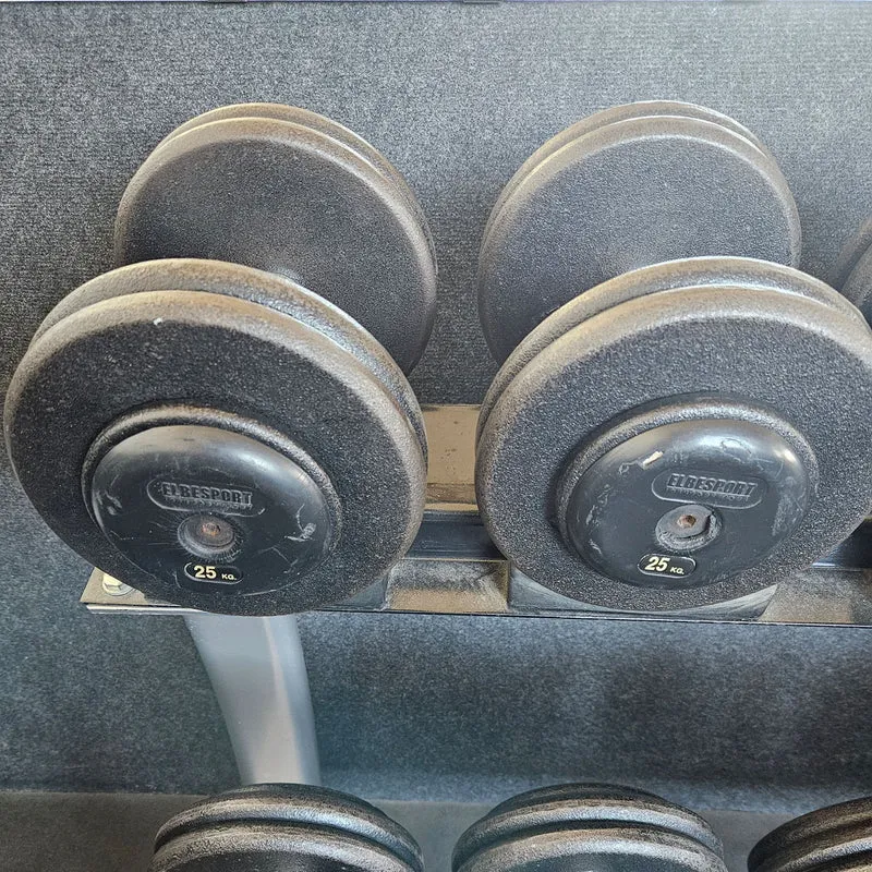 ElbeSport Kurzhantelsatz aus Guss von 2,5 bis 50kg in 2,5kg Stufen ( 20 Paare ) Oldschool, INKLUSIVE Kurzhantelablagen, gebraucht - mit Gebrauchsspuren