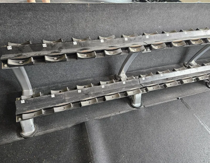 ElbeSport Kurzhantelsatz aus Guss von 2,5 bis 50kg in 2,5kg Stufen ( 20 Paare ) Oldschool, INKLUSIVE Kurzhantelablagen, gebraucht - mit Gebrauchsspuren