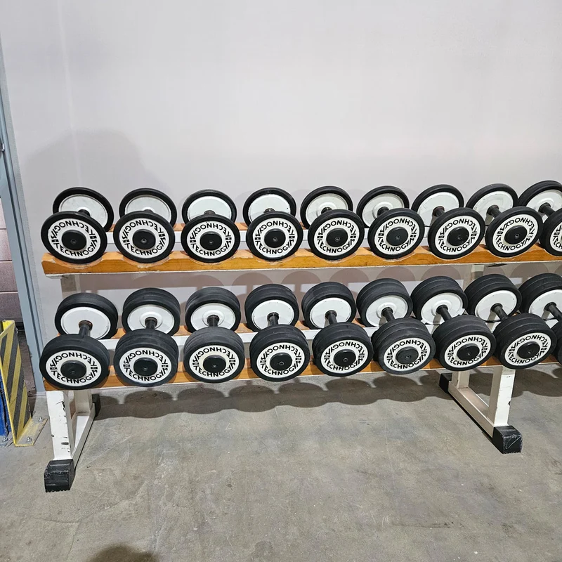 Technogym Kurzhantelsatz aus Guss mit Gummi Außenringen von 4 bis 32kg in 2kg Stufen ( 15 Paare ) Oldschool, Optional mit Kurzhantelablage, gebraucht - mit Gebrauchsspuren
