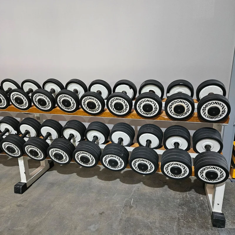 Technogym Kurzhantelsatz aus Guss mit Gummi Außenringen von 4 bis 32kg in 2kg Stufen ( 15 Paare ) Oldschool, Optional mit Kurzhantelablage, gebraucht - mit Gebrauchsspuren