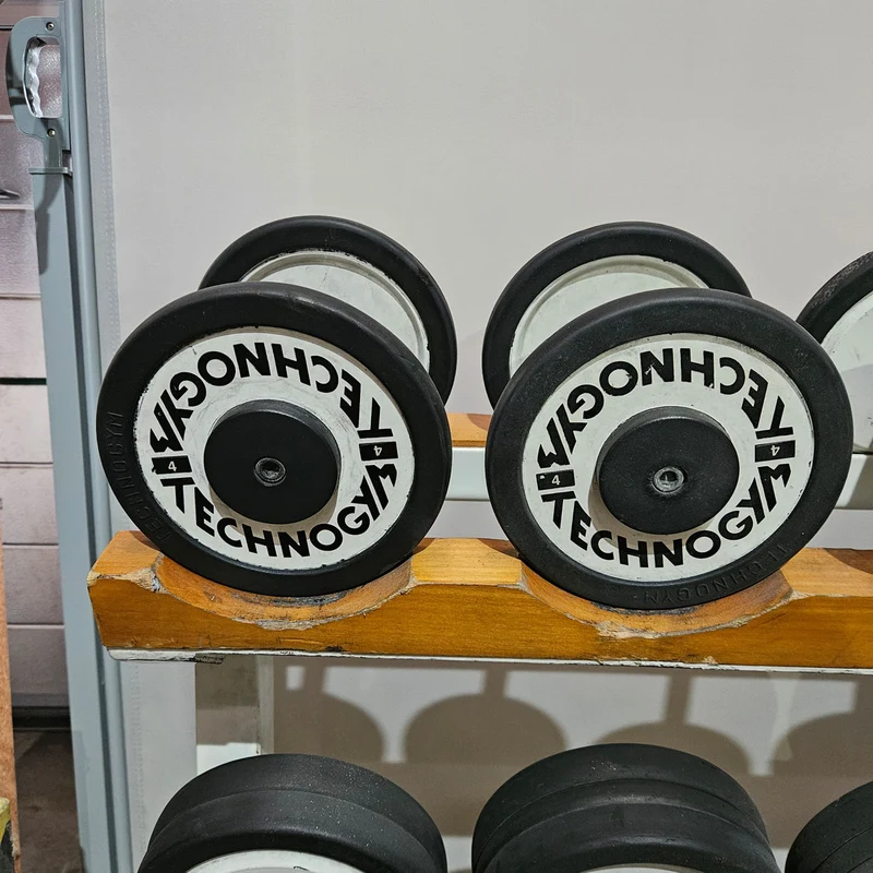 Technogym Kurzhantelsatz aus Guss mit Gummi Außenringen von 4 bis 32kg in 2kg Stufen ( 15 Paare ) Oldschool, Optional mit Kurzhantelablage, gebraucht - mit Gebrauchsspuren