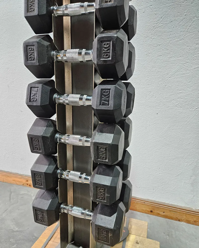 Gummi HEX Hantelsatz Paare 1-10kg, 10 Paare inkl. Ständer von Gymleco, Rahmenfarbe Anthrazit, Hexagonal Kurzhanteln, gebraucht mit Gebrauchsspuren