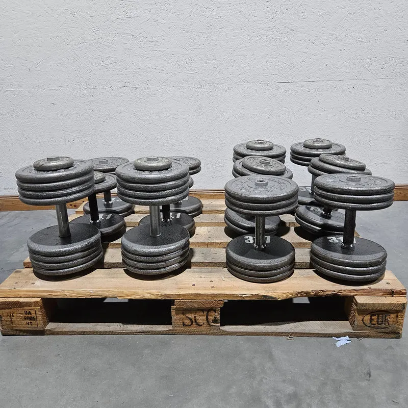 6 Kurzhanteln Paare aus Guss, 340kg gesamt, verschiedene Größen, Casall Sweden, Hammerschlag, gebraucht mit Gebrauchsspuren