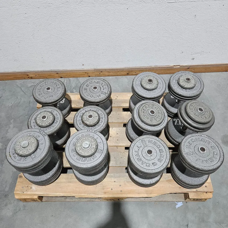 6 Kurzhanteln Paare aus Guss, 340kg gesamt, verschiedene Größen, Casall Sweden, Hammerschlag, gebraucht mit Gebrauchsspuren