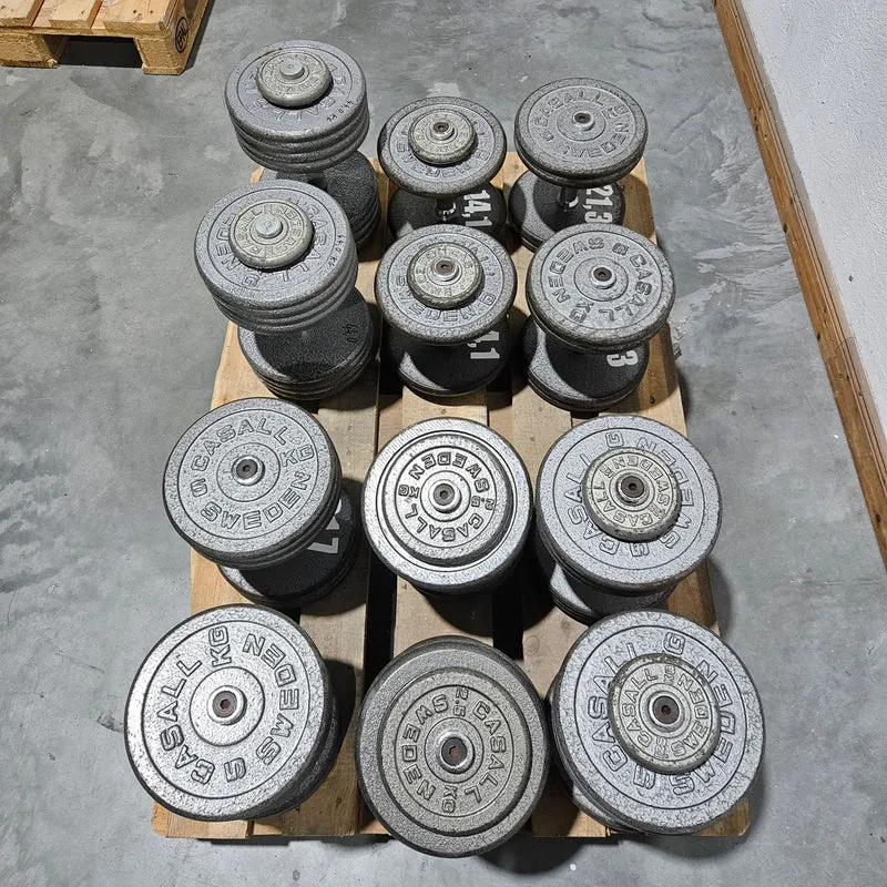6 Kurzhanteln Paare aus Guss, 340kg gesamt, verschiedene Größen, Casall Sweden, Hammerschlag, gebraucht mit Gebrauchsspuren